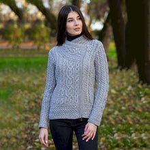 Load image into Gallery viewer, Front Ladies Grey Irish Aran Jacket with Side Zip Tara Irish Clothing
