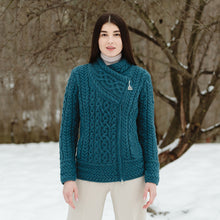 Load image into Gallery viewer, Front Ladies Teal Irish Aran Jacket ML136-107 Tara Irish Clothing
