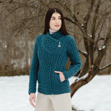 Load image into Gallery viewer, Front Ladies Teal Irish Aran Jacket ML136-107 Tara Irish Clothing
