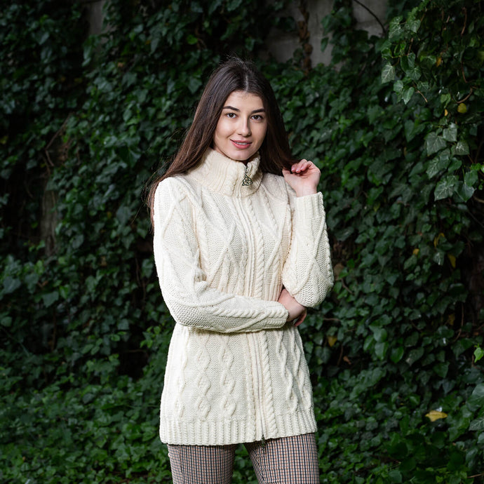 Ladies Merino Knit Irish Zip Aran Cardigan ML142 White Tara Irish Clothing