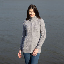 Load image into Gallery viewer, Ladies Merino Knit Irish Zip Aran Cardigan ML142 Grey Tara Irish Clothing
