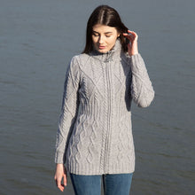 Load image into Gallery viewer, Ladies Merino Knit Irish Zip Aran Cardigan ML142 Grey Tara Irish Clothing
