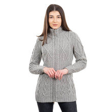 Load image into Gallery viewer, Ladies Merino Knit Irish Zip Aran Cardigan ML142 Grey Tara Irish Clothing
