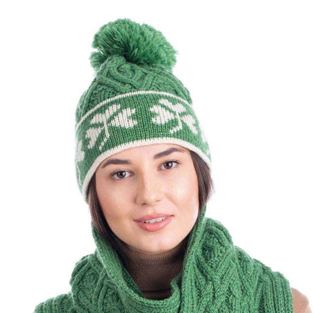 ML201 Green Merino Wool Shamrock Bobble Aran Hat Tara Irish Clothing
