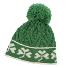Load image into Gallery viewer, ML201 Green Merino Wool Shamrock Bobble Aran Hat Tara Irish Clothing
