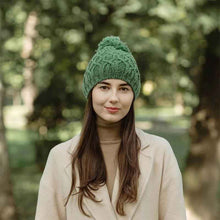 Load image into Gallery viewer, Aran Cable Knit Bobble Hat Tara Irish Clothing in Green
