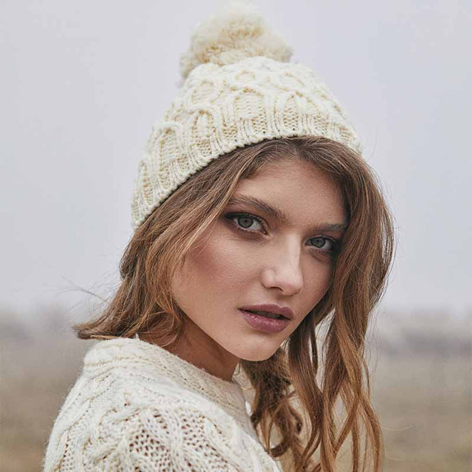 ML310 Aran Cable Knit Bobble Hat in White Color Tara Irish Clothing