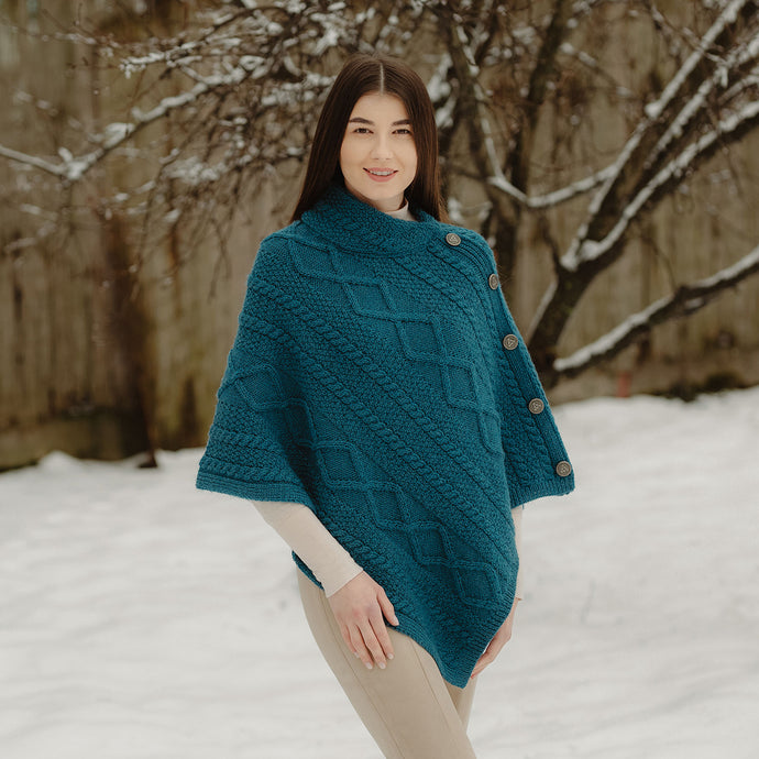 ML906 Aran Cable Buttoned Wool Poncho Teal Tara Irish Clothing