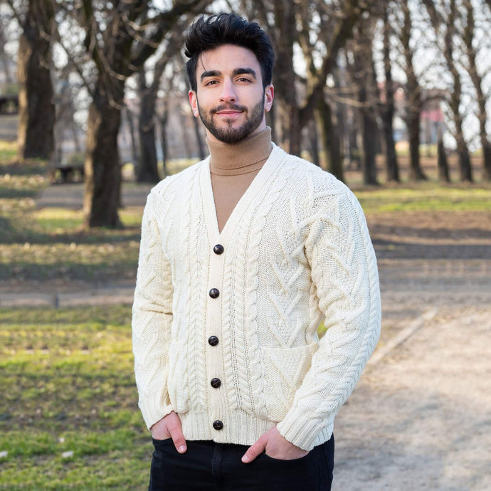 SAOL Traditional Men's V Neck Irish Cardigan White TaraIrishClothing.com