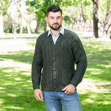 Load image into Gallery viewer, SAOL Traditional Men&#39;s V Neck Irish Cardigan Army Green TaraIrishClothing.com
