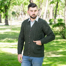 Load image into Gallery viewer, SAOL Traditional Men&#39;s V Neck Irish Cardigan Army Green TaraIrishClothing.com

