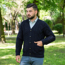 Load image into Gallery viewer, SAOL Traditional Men&#39;s V Neck Irish Cardigan Navy Blue Side TaraIrishClothing.com
