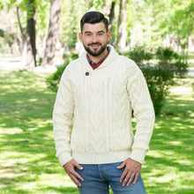Load image into Gallery viewer, SAOL Merino Wool Shawl Neck Button Irish Sweater for Men White  MM203 TaraIrishClothing.com
