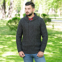 Load image into Gallery viewer, SAOL Merino Wool Shawl Neck Button Irish Sweater for Men Charcoal  MM203 TaraIrishClothing.com
