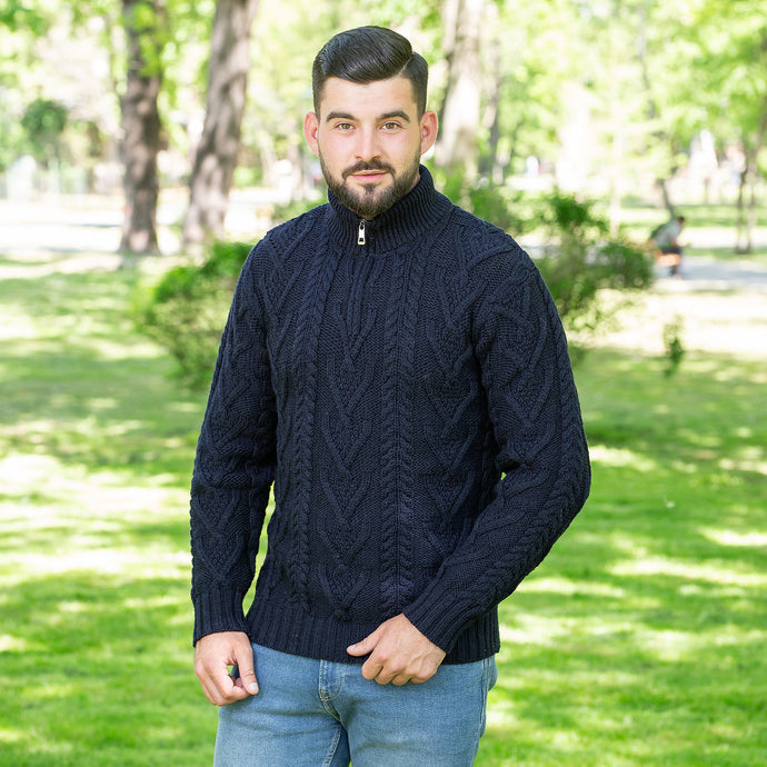 Half Zip Aran Sweater Navy TaraIrishClothing.com