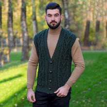 Load image into Gallery viewer, SAOL IMen&#39;s V-Neck Irish Knit Vest Army Green MM207 TaraIrishClothing.com
