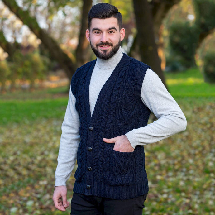 SAOL Men's V-Neck Irish Knit Vest Blue MM207 TaraIrishClothing.com