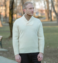 Load image into Gallery viewer, Shawl Collar Irish Fisherman Sweater White Color Side View Tara
