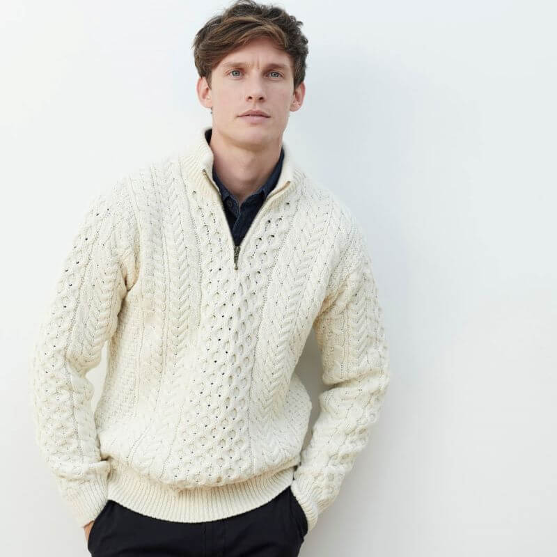 Men's Zipper Irish Sweater in White Tara Irish Clothing