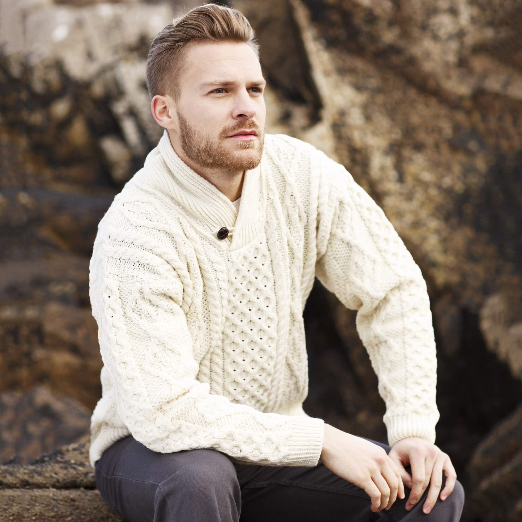 Men's Button Shawl Neck Fisherman Irish Sweater