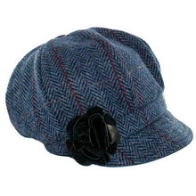 Load image into Gallery viewer, Women&#39;s Irish Wool Newsboy Cap in Blue and Purple Pattern
