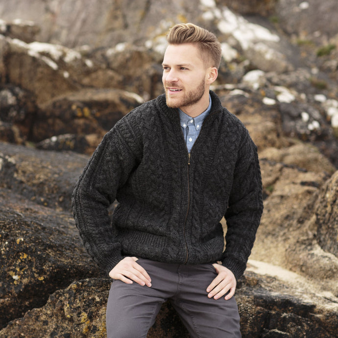Charcoal Donegal Wool-Full Zip Fisherman irish Sweater Tara Irish Clothing