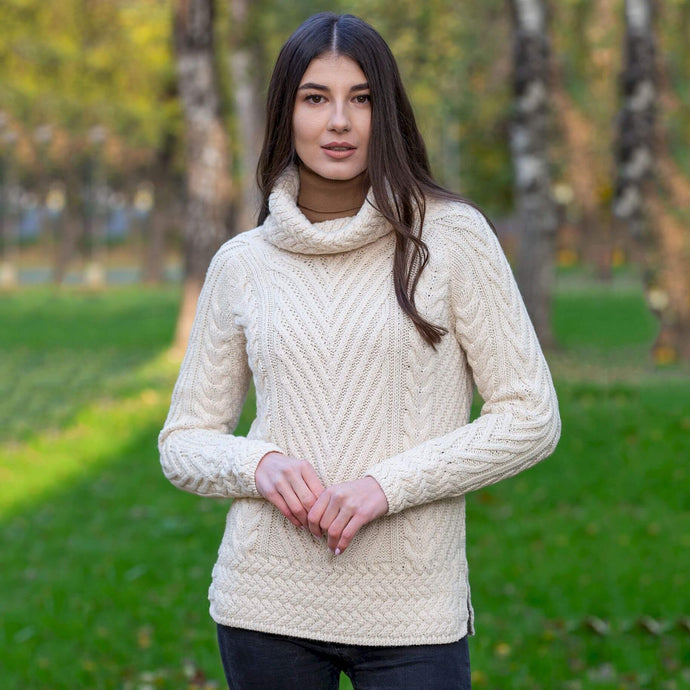 Ladies Irish Aran Turtleneck Sweater- White-Tara-Irish-Clothing