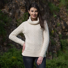 Load image into Gallery viewer, Ladies Irish Aran Turtleneck Sweater White-Front-View-Tara-Irish-Clothing
