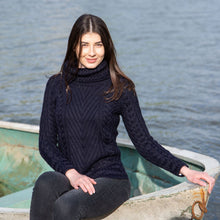 Load image into Gallery viewer, Ladies Irish Aran Turtleneck Sweater Navy Color Tara Irish Clothing
