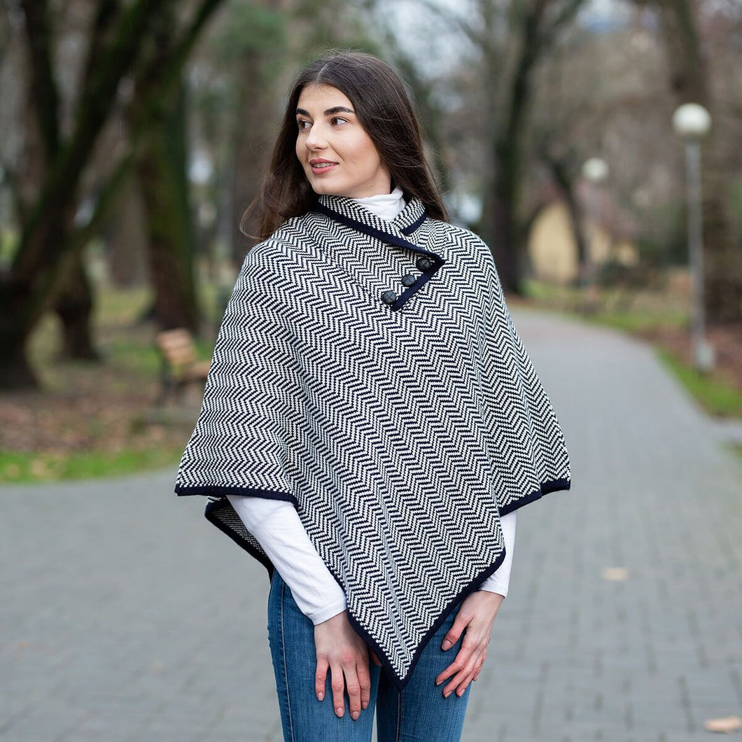 AWL318 Ladies Herringbone Irish Poncho Navy Tara Irish Clothing