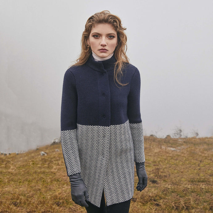 SAOL Navy Ladies Irish Wool Herringbone Cardigan AWL320 Navy TaraIrishClothing.com