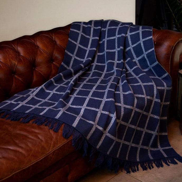 Blue Irish Oxford Merino Wool Check Blanket