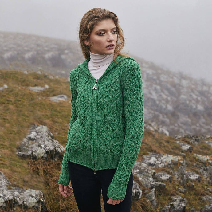 SAOL Celtic Merino Wool Zipper Cardigan ML113 Green Color TaraIrishClothing.com