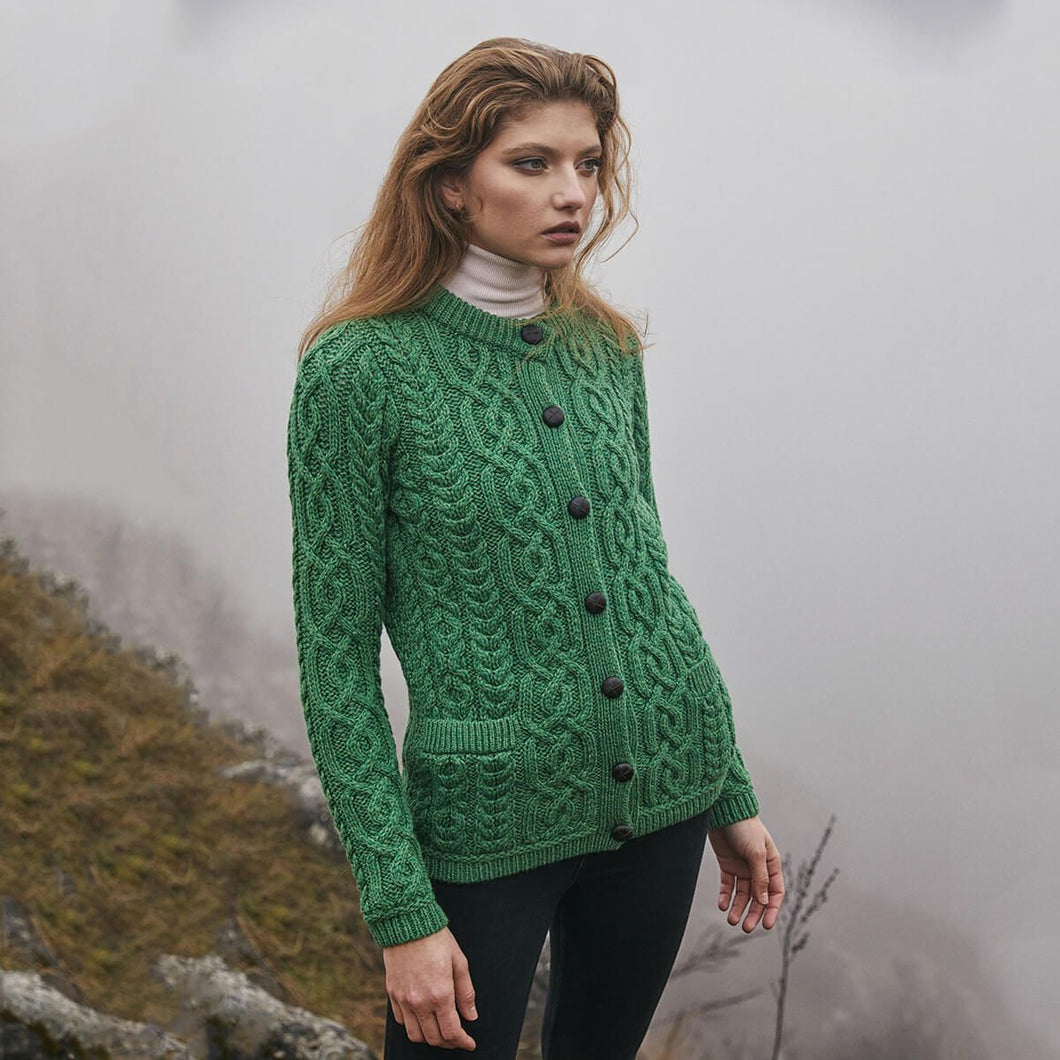 SAOL Green Cable Knit Aran Wool Ladies Cardigan ​ML115 TaraIrishClothing.com