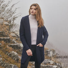 Load image into Gallery viewer, ML116Ladies Hooded Honeycomb Cable Aran Coat Navy Tara Irish Clothing
