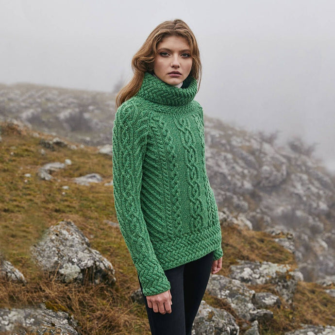 Traditional Ladies Funnel Neck Aran Sweater Green Tara Irish Clothing