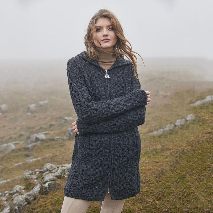 Irish Aran Cable Hooded Cardigan with Zip for Women ML128 Grey Tara