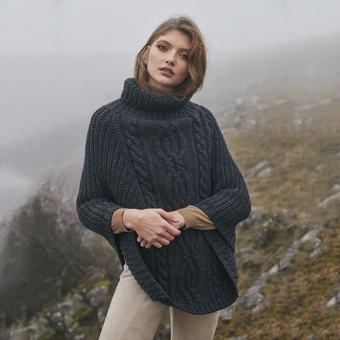 Charcoal Ladies Rolled Collar Irish Poncho Sweater ML132 Tara