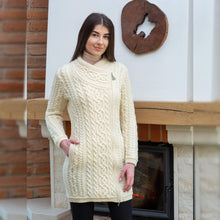 Load image into Gallery viewer, ML143 Long Merino Wool Aran Zipper Cardigan White Tara Irish Clothing
