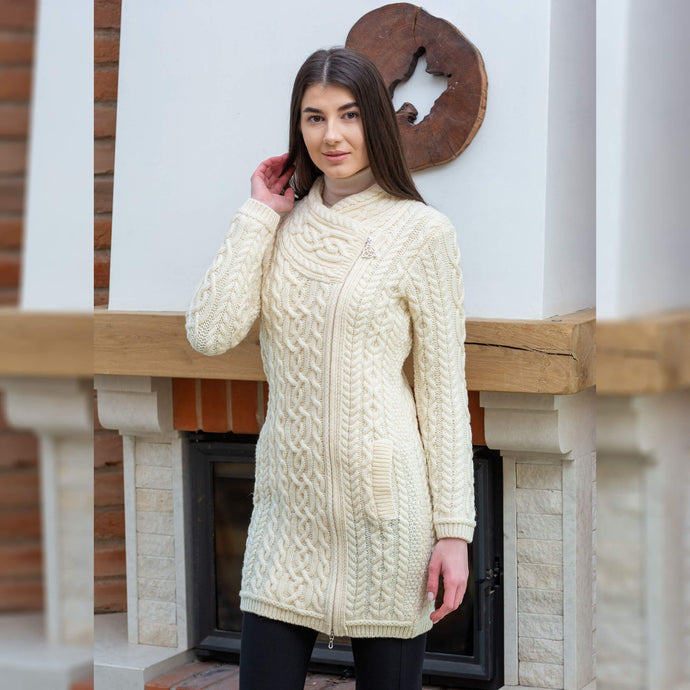 ML143 Long Merino Wool Aran Zipper Cardigan White Tara Irish Clothing