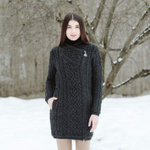 Load image into Gallery viewer, ML143 Long Merino Wool Aran Zipper Cardigan Charcoal Color Tara Irish Clothing
