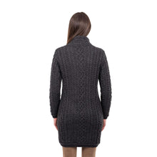 Load image into Gallery viewer, ML143 Long Merino Wool Aran Zipper Cardigan Charcoal Color Back View Tara Irish Clothing
