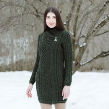 Load image into Gallery viewer, ML143 Long Merino Wool Aran Zipper Cardigan Army Green Color Tara Irish Clothing
