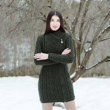 Load image into Gallery viewer, ML143 Long Merino Wool Aran Zipper Cardigan Army Green Color Tara Irish Clothing
