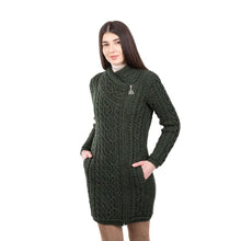 Load image into Gallery viewer, ML143 Long Merino Wool Aran Zipper Cardigan Army Green Color Tara Irish Clothing
