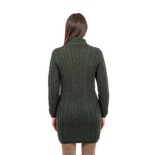 Load image into Gallery viewer, ML143 Long Merino Wool Aran Zipper Cardigan Army Green Color Back View Tara Irish Clothing
