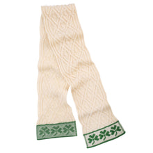 Load image into Gallery viewer, Traditional Irish Shamrock Aran Wool Scarf White Full View
