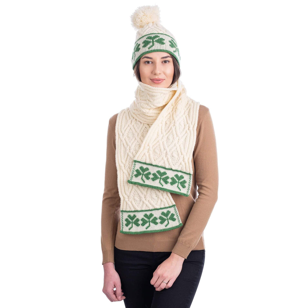 Traditional Irish Shamrock Aran Wool Scarf White