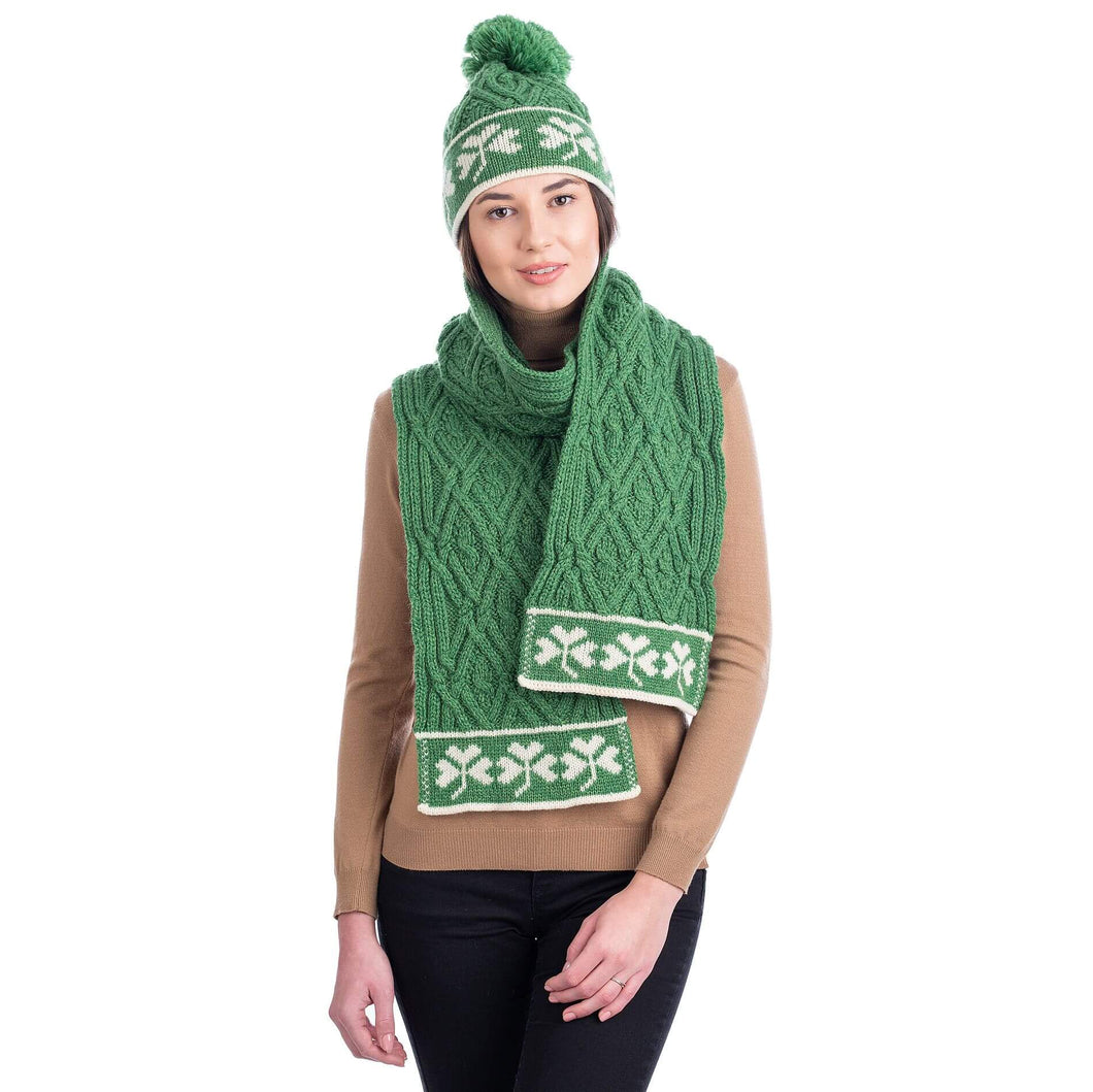 Traditional Irish Shamrock Aran Wool Scarf Green