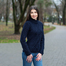 Load image into Gallery viewer, ML905 Women&#39;s Wool Cable Knit Aran Sweater Navy Blue Tara Irish Clothing
